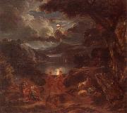 unknow artist A pastoral scene with shepherds and nymphs dancing in the moonlight by the edge of a lake oil